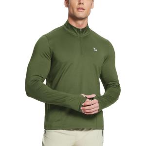 imagebaleaf Mens Long Sleeve Running Shirts Fleece Pullover Quarter Zip Pockets Cold Weather Winter GearGreen