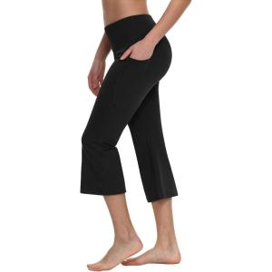 imagebaleaf Women Flare Capri Leggings with Pockets Yoga Pants Bootcut Casual Cotton Work Summer LoungeBlack
