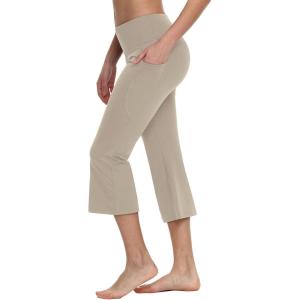 imagebaleaf Women Flare Capri Leggings with Pockets Yoga Pants Bootcut Casual Cotton Work Summer LoungeLight Khaki