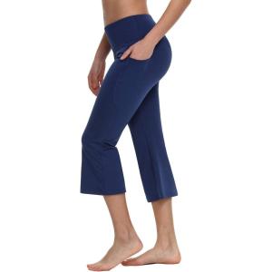 imagebaleaf Women Flare Capri Leggings with Pockets Yoga Pants Bootcut Casual Cotton Work Summer LoungeNavy
