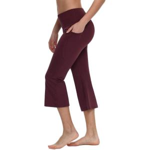 imagebaleaf Women Flare Capri Leggings with Pockets Yoga Pants Bootcut Casual Cotton Work Summer LoungeRuby Wine