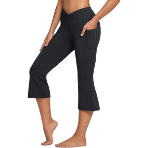 imagebaleaf Women Flare Capri Leggings with Pockets Yoga Pants Bootcut Casual Cotton Work Summer LoungeV Waistblack