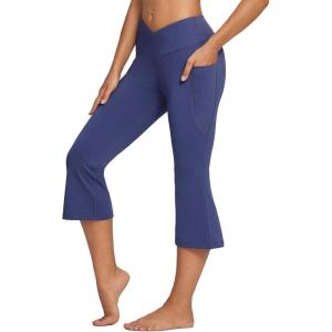 imagebaleaf Women Flare Capri Leggings with Pockets Yoga Pants Bootcut Casual Cotton Work Summer LoungeV Waistnavy