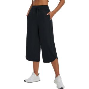 imagebaleaf Womens Capri Pants Wide Leg Athletic Yoga Capris with Pockets Quick Dry Hiking Pants Loose Lounge Summer UPF 50Black