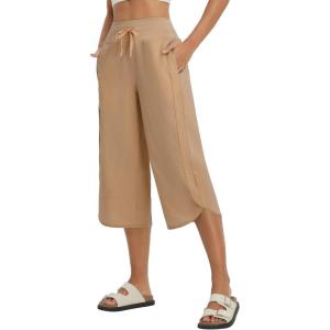 imagebaleaf Womens Capri Pants Wide Leg Athletic Yoga Capris with Pockets Quick Dry Hiking Pants Loose Lounge Summer UPF 50Brown