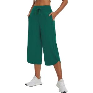imagebaleaf Womens Capri Pants Wide Leg Athletic Yoga Capris with Pockets Quick Dry Hiking Pants Loose Lounge Summer UPF 50Dark Green