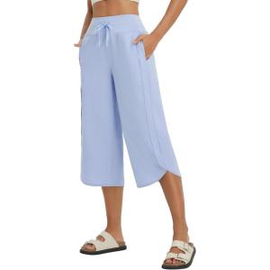 imagebaleaf Womens Capri Pants Wide Leg Athletic Yoga Capris with Pockets Quick Dry Hiking Pants Loose Lounge Summer UPF 50Light Blue