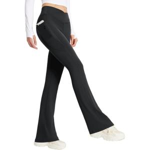 imagebaleaf Womens Flare Leggings with Zipper Pockets Crossover High Waist Bootcut Yoga Pants Tummy Control Bell Bottom LeggingsBlack