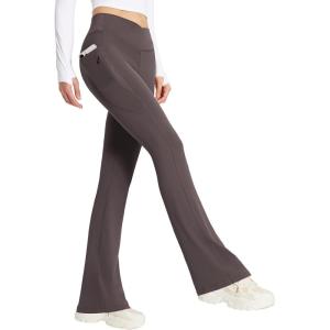 imagebaleaf Womens Flare Leggings with Zipper Pockets Crossover High Waist Bootcut Yoga Pants Tummy Control Bell Bottom LeggingsBrown