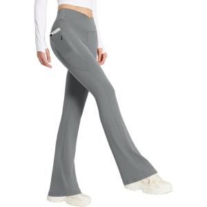 imagebaleaf Womens Flare Leggings with Zipper Pockets Crossover High Waist Bootcut Yoga Pants Tummy Control Bell Bottom LeggingsDark Grey