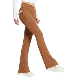 imagebaleaf Womens Flare Leggings with Zipper Pockets Crossover High Waist Bootcut Yoga Pants Tummy Control Bell Bottom LeggingsLight Brown