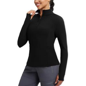 imagebaleaf Womens Fleece Lined Quarter Button Thermal Pullovers Long Sleeve Workout Shirts with Pockets Yoga Travel TopsBlack