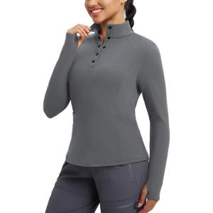 imagebaleaf Womens Fleece Lined Quarter Button Thermal Pullovers Long Sleeve Workout Shirts with Pockets Yoga Travel TopsDark Gray