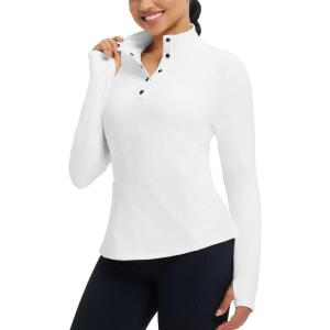 imagebaleaf Womens Fleece Lined Quarter Button Thermal Pullovers Long Sleeve Workout Shirts with Pockets Yoga Travel TopsWhite