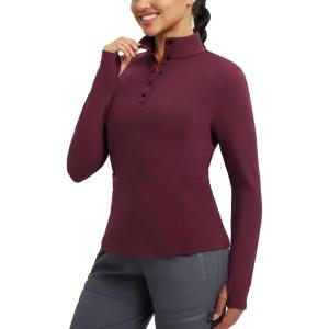 imagebaleaf Womens Fleece Lined Quarter Button Thermal Pullovers Long Sleeve Workout Shirts with Pockets Yoga Travel TopsWine Red