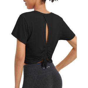 imagebaleaf Womens Open Back Workout Tops Short Sleeve Crop Yoga Shirts Lightweight Athletic Gym Exercise TShirtsBlack