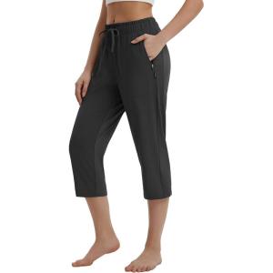 imagebaleaf Womens Yoga Capri Pants with Zipper Pockets Summer Drawstring Capris Joggers Lounge Crop 19quotBlack
