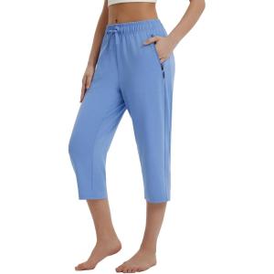 imagebaleaf Womens Yoga Capri Pants with Zipper Pockets Summer Drawstring Capris Joggers Lounge Crop 19quotBlue