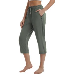 imagebaleaf Womens Yoga Capri Pants with Zipper Pockets Summer Drawstring Capris Joggers Lounge Crop 19quotGreen