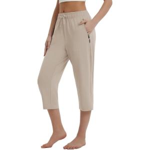 imagebaleaf Womens Yoga Capri Pants with Zipper Pockets Summer Drawstring Capris Joggers Lounge Crop 19quotKhaki