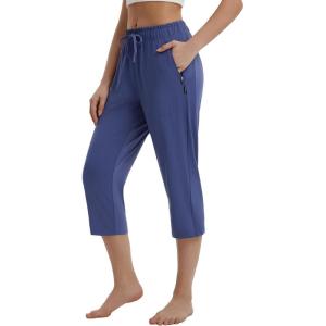 imagebaleaf Womens Yoga Capri Pants with Zipper Pockets Summer Drawstring Capris Joggers Lounge Crop 19quotNavy Blue