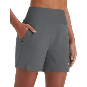 imagebaleaf Womens 5quot Swim Shorts High Waisted Quick Dry Swimming Bottom Boxer Liner Board Beach Shorts with Zipper PocketsDark Gray