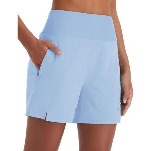 imagebaleaf Womens 5quot Swim Shorts High Waisted Quick Dry Swimming Bottom Boxer Liner Board Beach Shorts with Zipper PocketsLight Blue