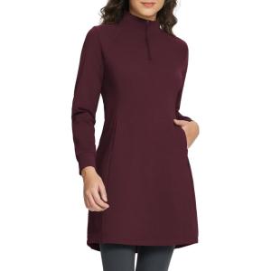 imagebaleaf Womens Fleece Lined Dress Sweatshirt Dress Water Resistant Warm Quarter Zip Cover Up Winter Outdoor with PocketWine Red