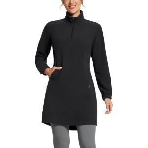 imagebaleaf Womens Polar Fleece Dress Long Vest Sweatshirt Tunic Dress Quarter Zip Pullover Winter Outfits PocketBlack