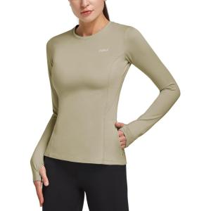 imagebaleaf Thermal Shirts for Women Long Sleeve Fleece Tops Running Workout Cold Weather Gear Compression Zipper PocketBrown