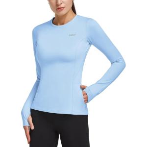 imagebaleaf Thermal Shirts for Women Long Sleeve Fleece Tops Running Workout Cold Weather Gear Compression Zipper PocketLight Blue