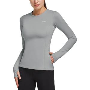 imagebaleaf Thermal Shirts for Women Long Sleeve Fleece Tops Running Workout Cold Weather Gear Compression Zipper PocketLight Gray
