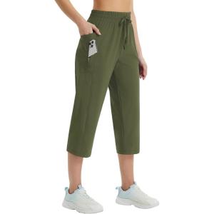 imagebaleaf Womens Athletic Capri Pants Lightweight Quick Dry Stretch Zipper Pocket Travel Casual Outdoor UPF 50Army Green