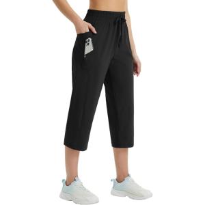 imagebaleaf Womens Athletic Capri Pants Lightweight Quick Dry Stretch Zipper Pocket Travel Casual Outdoor UPF 50Black