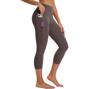 imagebaleaf Womens Capri Leggings with 3 Pockets Tummy Control 21quot Inseam Workout Capris Yoga PantsSeal Brown