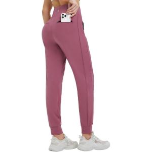 imagebaleaf Womens Fleece Lined Joggers Water Resistant Hiking Pants High Waisted Winter Thermal Sweatpants Zipper PocketsRose Red