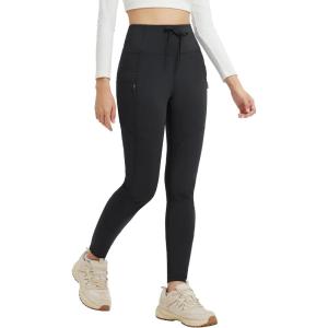 imagebaleaf Womens Fleece Lined Leggings Hiking Ripstop Water Resistant Pants with Zipper Pockets Thermal Warm Winter TightsBlack