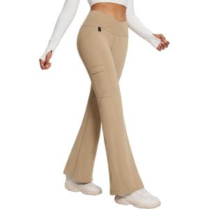 imagebaleaf Womens Fleece Lined Pants Winter Thermal Water Resistant Crossover Flare Leggings Warm Bootcut Hiking OutdoorKhaki