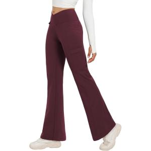 imagebaleaf Womens Fleece Lined Pants Winter Thermal Water Resistant Crossover Flare Leggings Warm Bootcut Hiking OutdoorWine Red