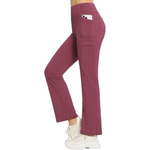 imagebaleaf Womens Fleece Lined Pants Yoga Pants Warm Thermal Winter High Waisted Straight Leg Leggings with 6 PocketsWine Red