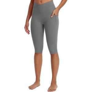 imagebaleaf Womens Knee Length Capri Leggings with Pockets Stretch Casual Exercise Summer Yoga Workout PantsDark Gray