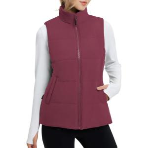 imagebaleaf Womens Lightweight Puffer Vest Stand Collar Quilted Outerwear Winter Sleeveless Jackets Water Resistant Zip PocketsWine Red