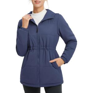 imagebaleaf Womens Long Puffer Jacket Quilted Jackets Winter Coat with Hood Warm Lightweught Insulated Hiking SnowNavy Blue