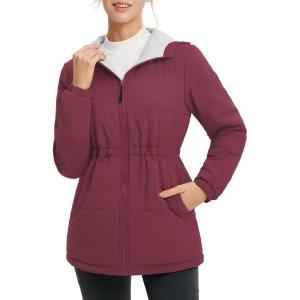 imagebaleaf Womens Long Puffer Jacket Quilted Jackets Winter Coat with Hood Warm Lightweught Insulated Hiking SnowWine Red