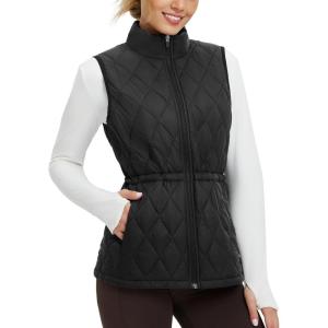 imagebaleaf Womens Puffer Drawstring Vest Lightweight Winter Warm Stand Collar Quilted Golf Vests Water Resistant Zip PocketsBlack