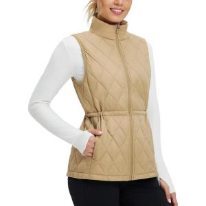 imagebaleaf Womens Puffer Drawstring Vest Lightweight Winter Warm Stand Collar Quilted Golf Vests Water Resistant Zip PocketsBrown