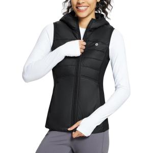 imagebaleaf Womens Puffer Vest Hooded Running Vests Slim Fit Fleece Sleeveless Lightweight Jacket Fall WinterBlack