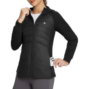 imagebaleaf Womens Running Winter Jacket with Hood Warm Lightweight Insulated Hybrid Jackets Puffer Zip Pockets Hiking SkiingBlack