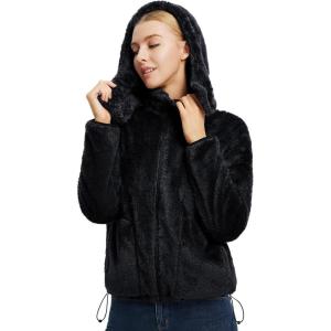imagebaleaf Womens Sherpa Fleece Lined Jakcets with Hood Button Down Drawstring Winter Casual Warm Coat with PocketsBlack
