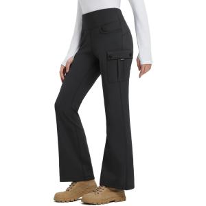 imagebaleaf Womens Thick Fleece Lined Pants Flare Leg Winter Snow Water Resistant Cargo Pockets High Waisted WarmBlack